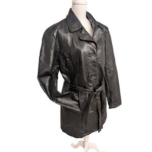 Vintage Women's Genuine Leather Coat Belted Black New With Tags Classic Jacket‎